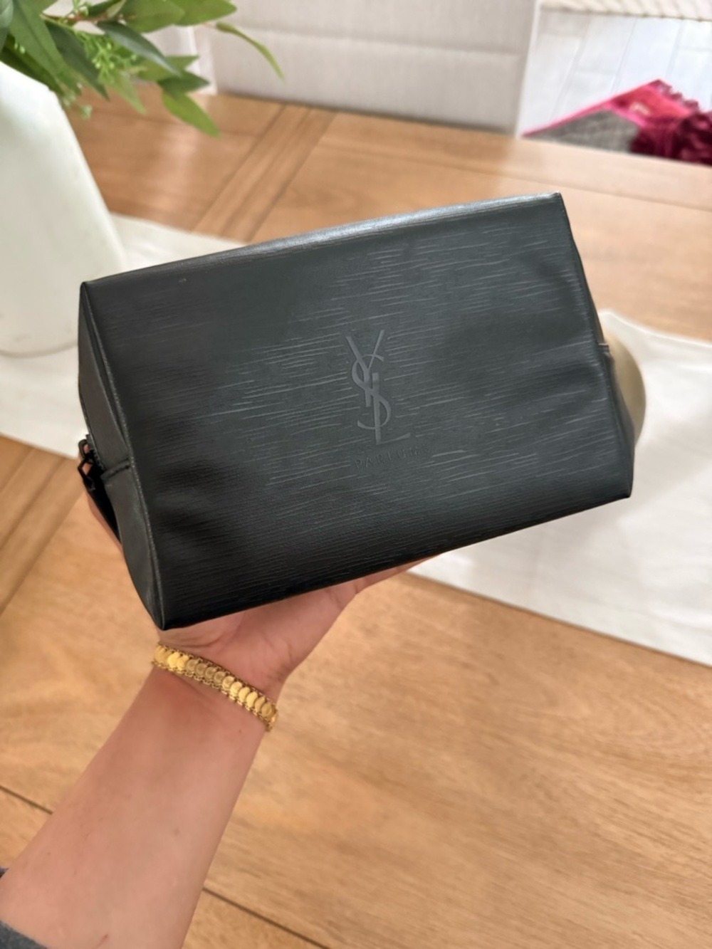 Yves Saint Laurent Black Leather Embossed Logo Toiletry Bag